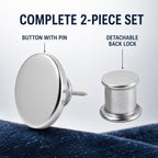 A two-piece set of the silver metal button with pin and its detachable back lock on blue fabric.
