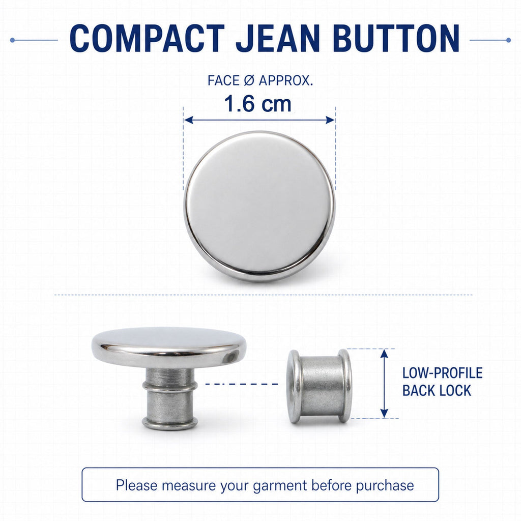Diagram showing the dimensions of the compact silver metal jean button and its low-profile back lock.