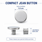 Diagram showing the dimensions of the compact silver metal jean button and its low-profile back lock.