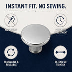 A silver metal button pin surrounded by four icons illustrating its features: no sewing, quick fit, removable, and
