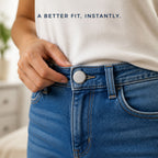 A person's hand adjusting a silver metal button pin on the waistband of blue jeans, with text overlay.