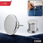 A silver metal button pin and lock on blue fabric with a small inset image of a person adjusting jeans.
