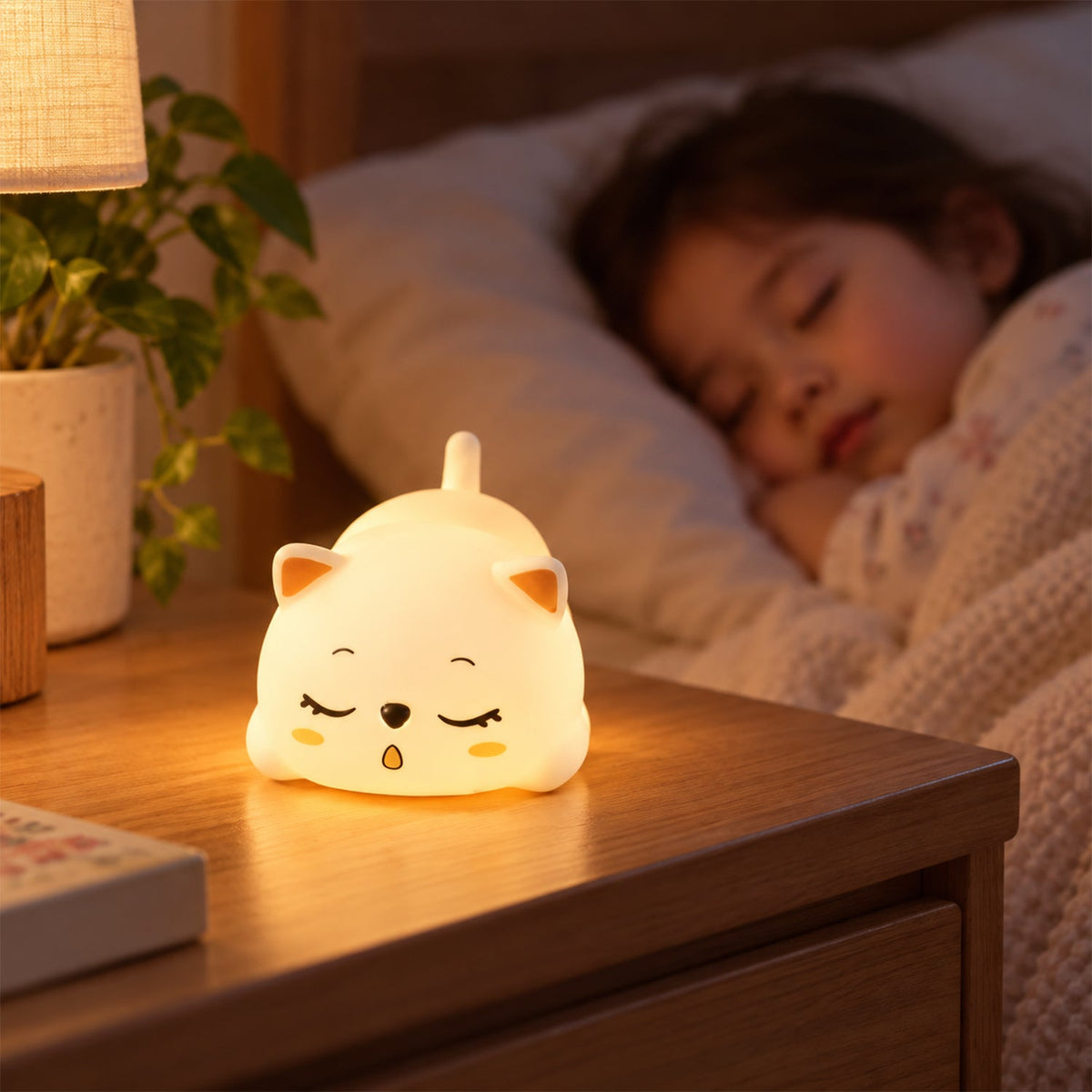 Sleeping cat night light on a bedside table