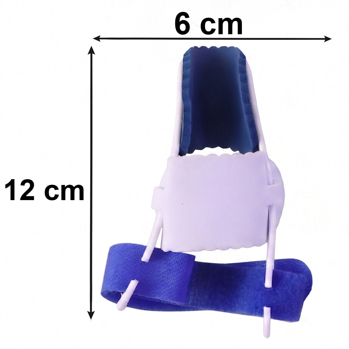 A single blue and white toe splint with a blue strap, displaying dimensions of 12 cm length and 6 cm width.