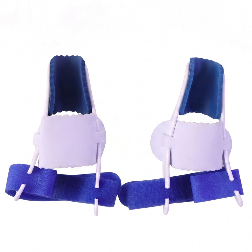 Two blue and white toe splints with adjustable straps are shown from a slightly elevated perspective.
