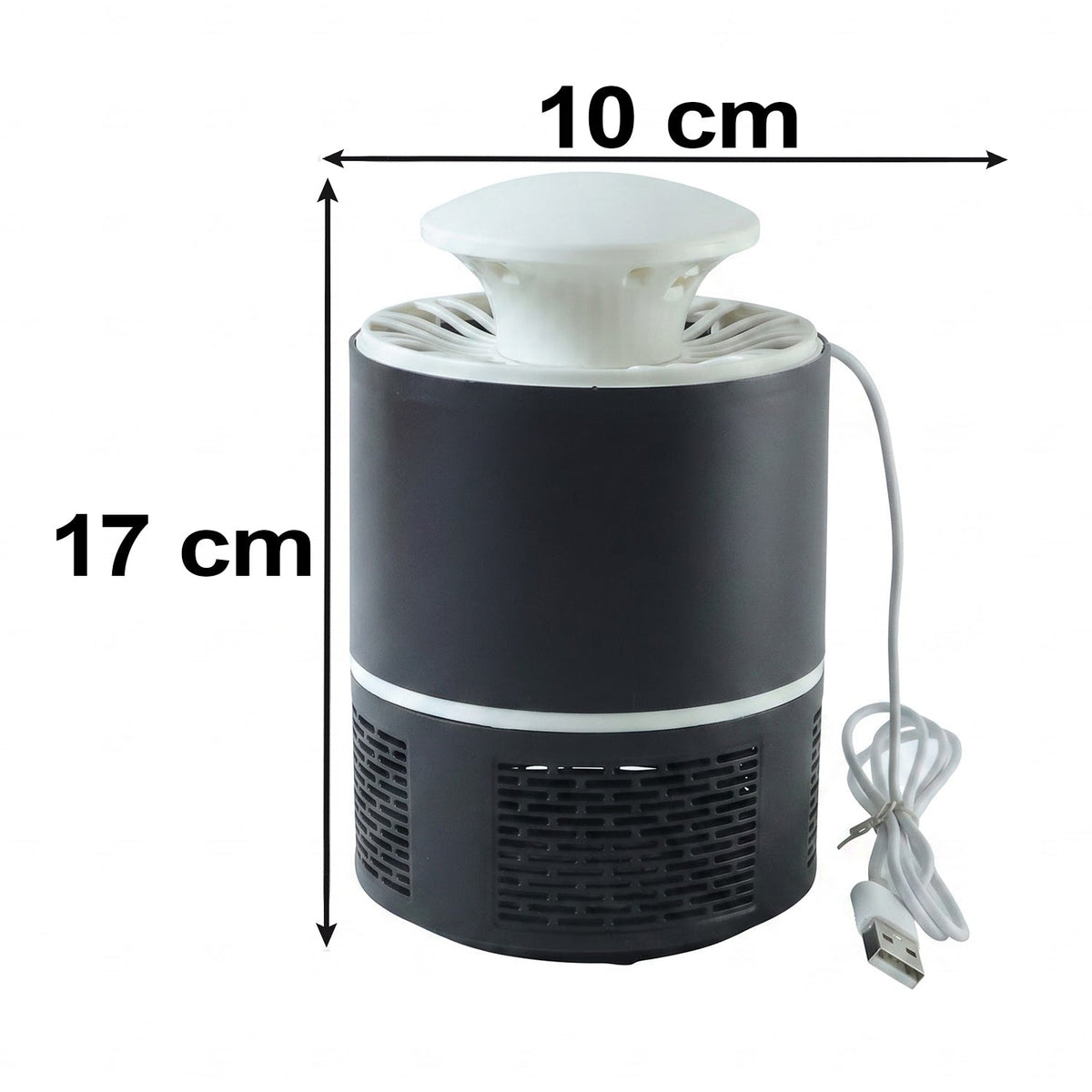 Black and white mosquito killer lamp with dimensions of 17 cm height and 10 cm width indicated.