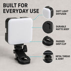 Camera light diffuser body and padded clip features