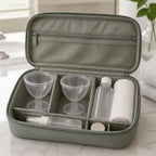 Transparent eye wash cups neatly stored in a travel organizer