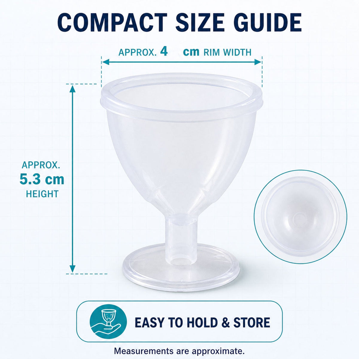 A single transparent eye wash cup with measurement lines indicating an approximate 4 cm rim width and 5.3 cm height.