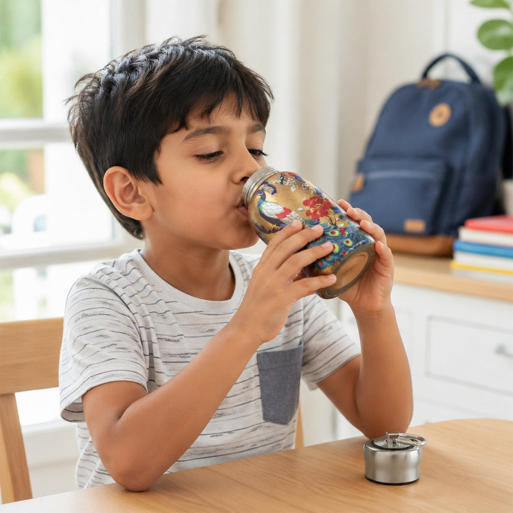 A young boy drinking from the golden stainless steel vacuum bottle with a peacock and floral print.