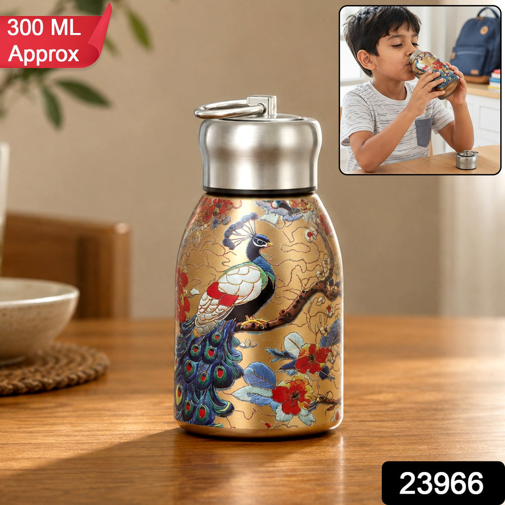 Golden stainless steel vacuum bottle with a peacock and floral print, showing 300 ML Approx and product number – view 6