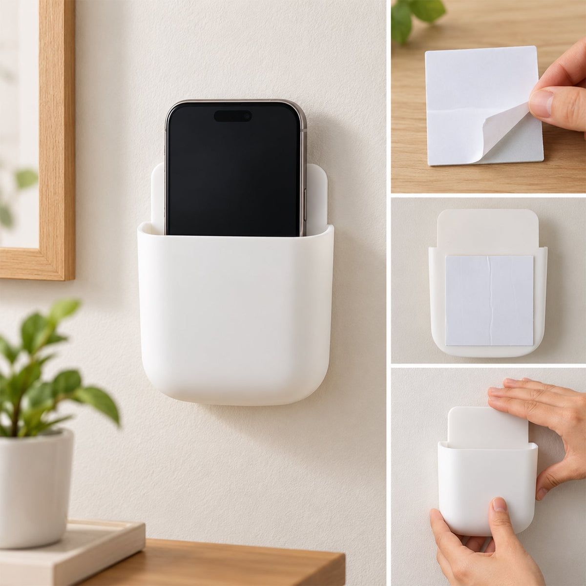 White organizer with a phone inside, and three smaller insets showing the adhesive backing being applied.