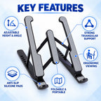 A black and gray adjustable stand with icons illustrating key features like adjustability, strong support, and portability.
