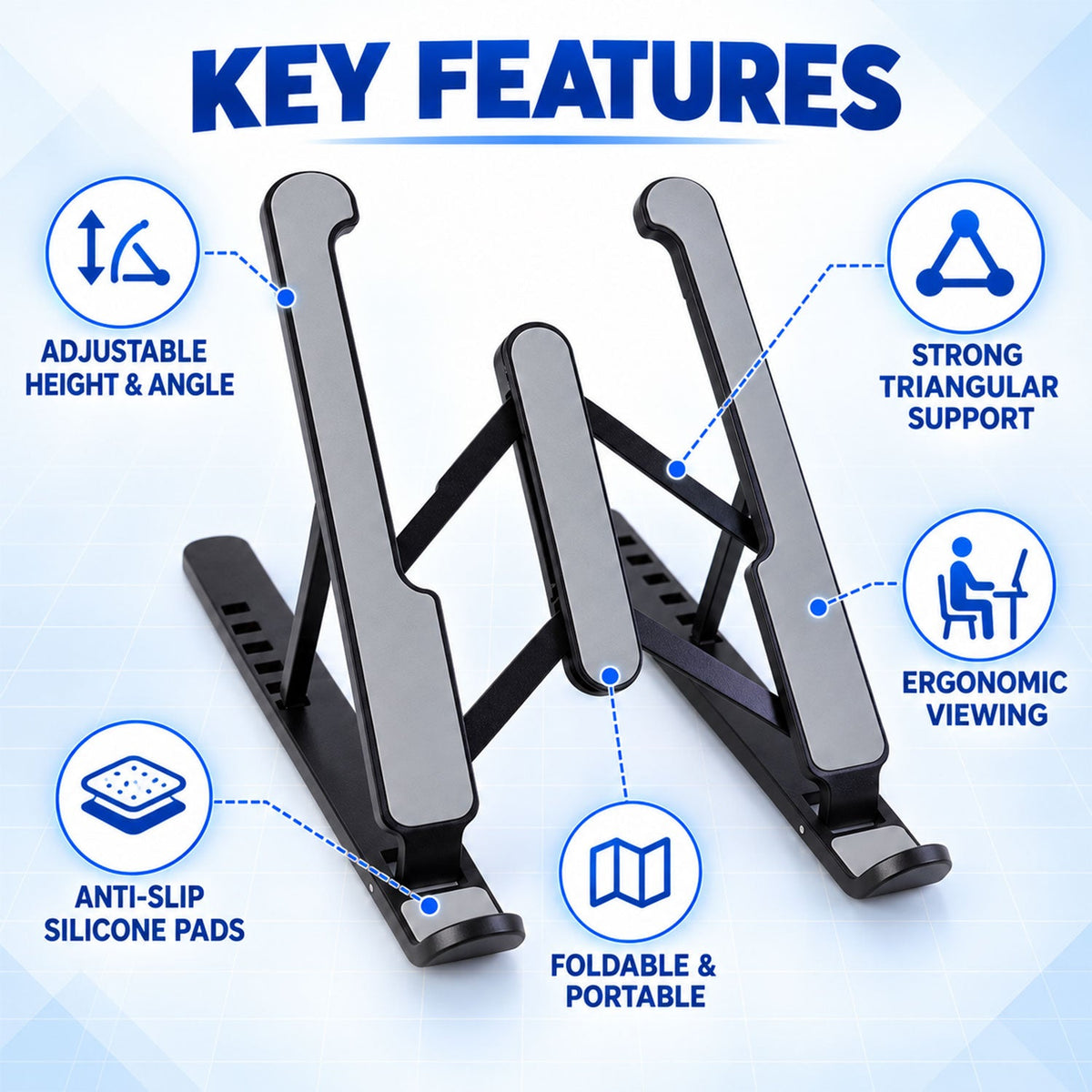 A black and gray adjustable stand with icons illustrating key features like adjustability, strong support, and portability.