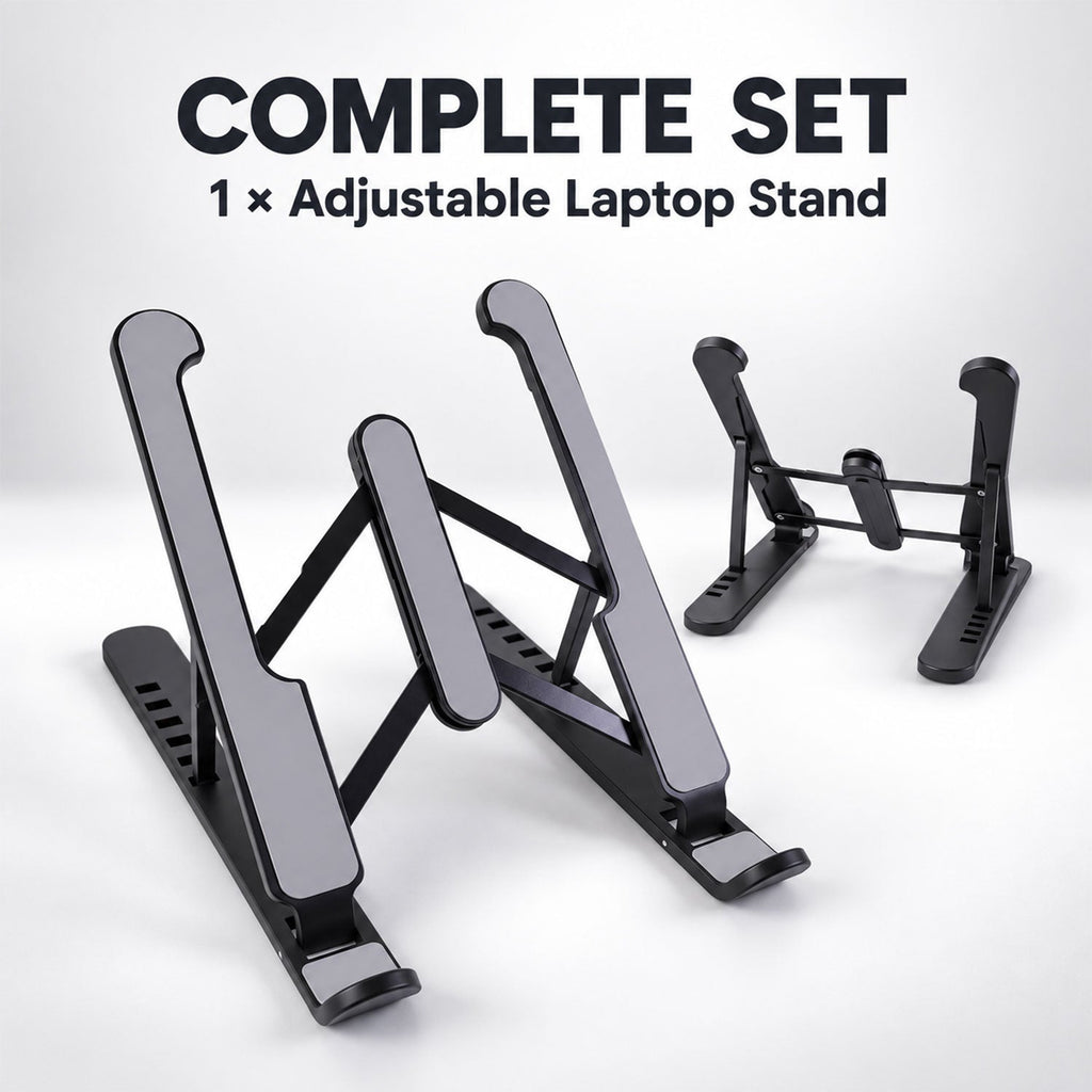 Two black and gray adjustable stands are shown, one unfolded and one folded, on a light gray surface.