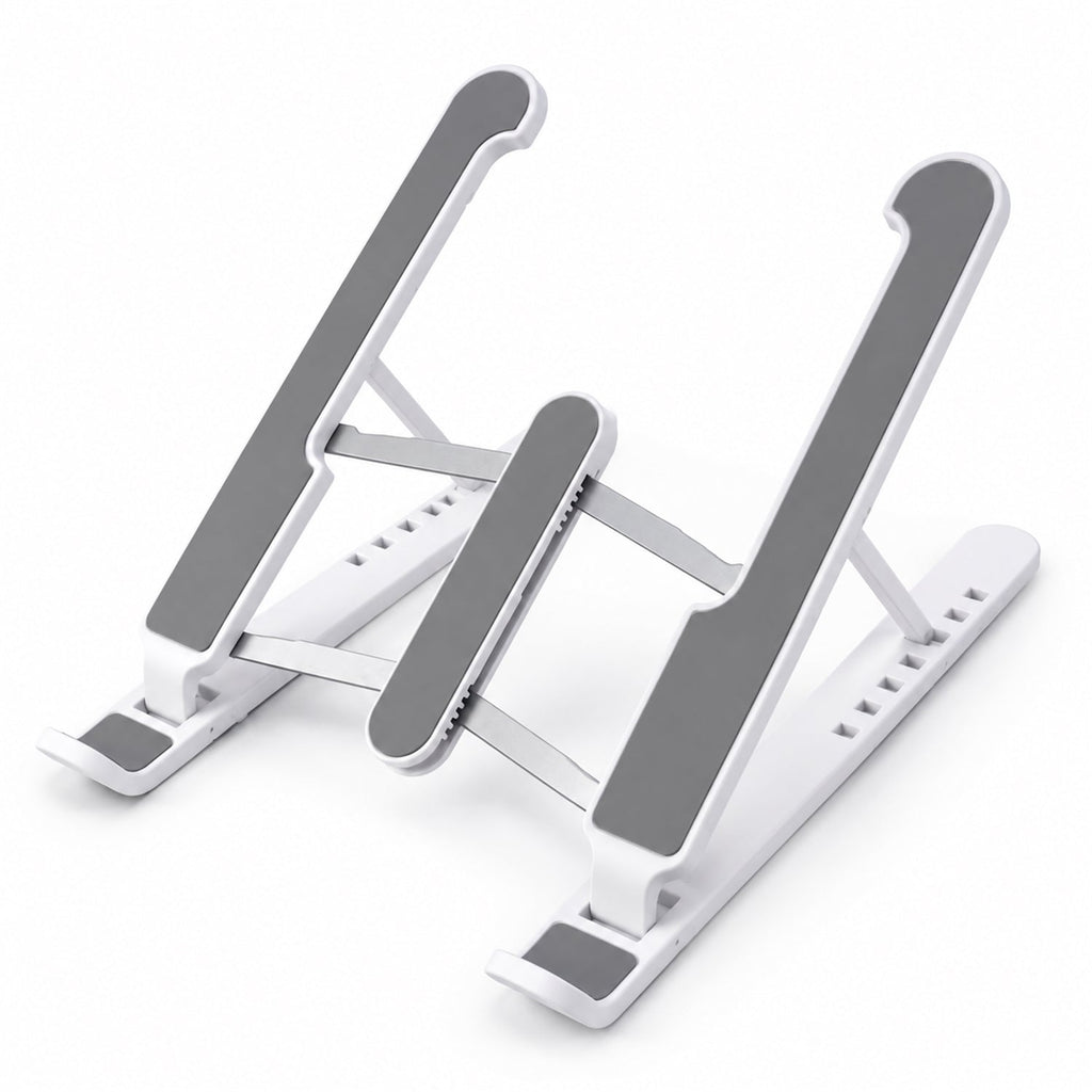 White and gray foldable laptop stand with non-slip pads on a clean white background.