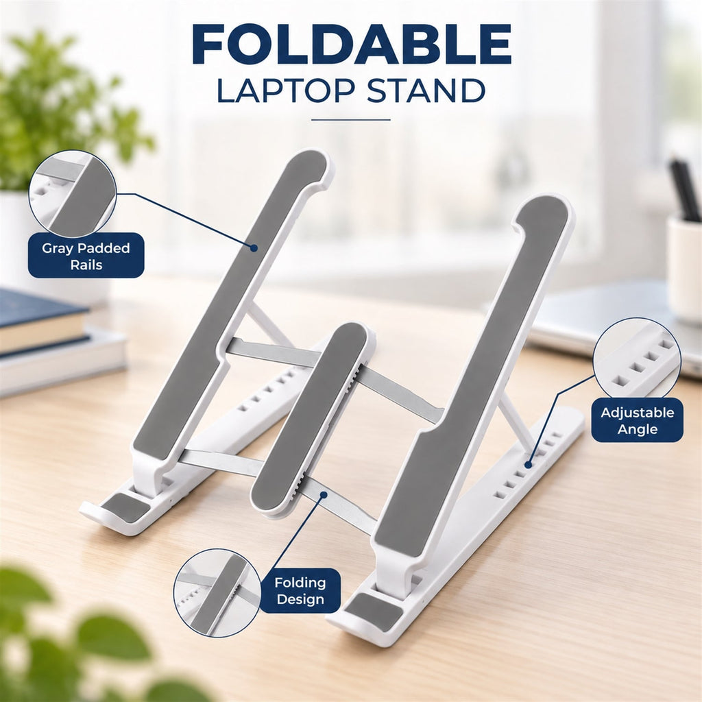 White and gray laptop stand on a wooden desk with callouts for gray padded rails and adjustable angle.