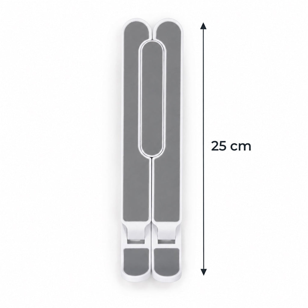 Folded white and gray laptop stand with a 25 cm measurement indicator next to it.