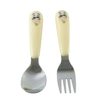 A yellow and silver panda-themed spoon and fork set is displayed upright against a plain white background.