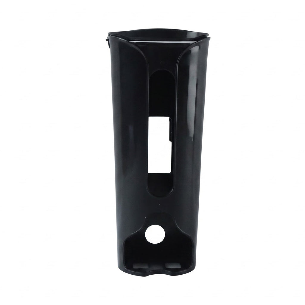 A black plastic bag dispenser with a rectangular opening and a circular opening on a white background.