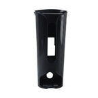 A black plastic bag dispenser with a rectangular opening and a circular opening on a white background.