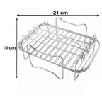 A metal air fryer rack with dimensions of 21 cm width and 15 cm height indicated by arrows on a white background.