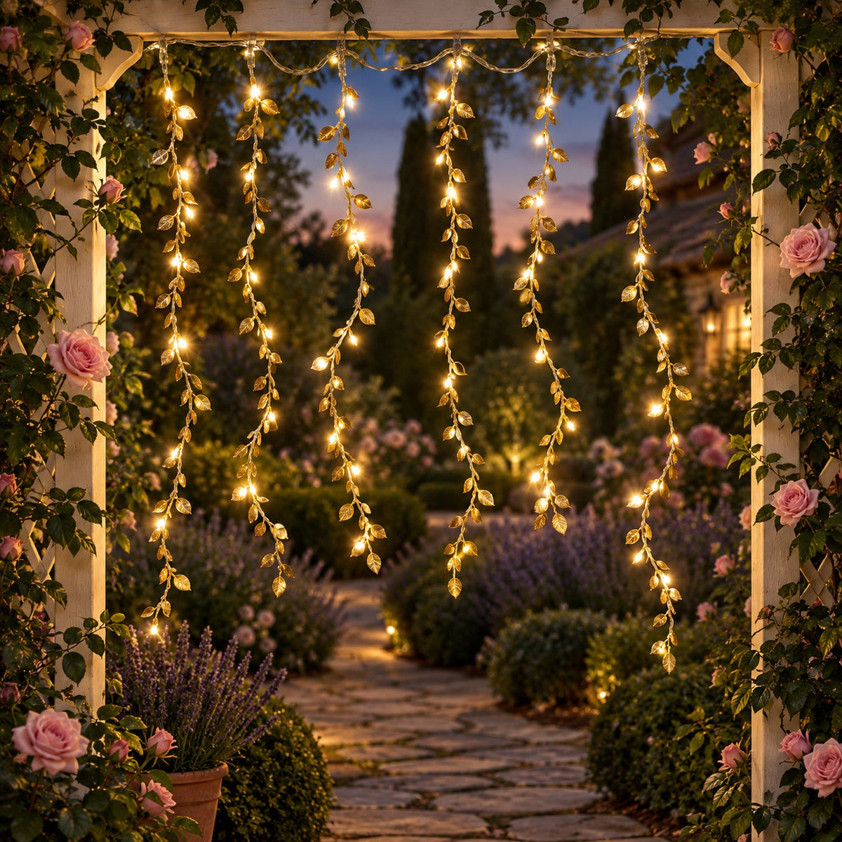Leaf curtain lights decorating an arch
