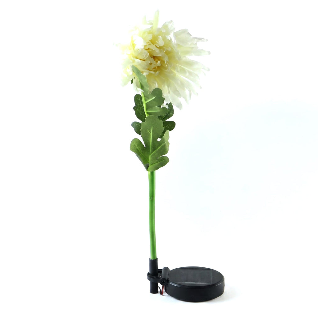 The white chrysanthemum flower solar stake light with its solar panel base, shown against a plain white background.
