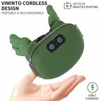 A hand holds a green bionic massager with a brown strap. Text overlays describe 'VIMINTO CORDLESS DESIGN', 'UP TO 70 MINUTES