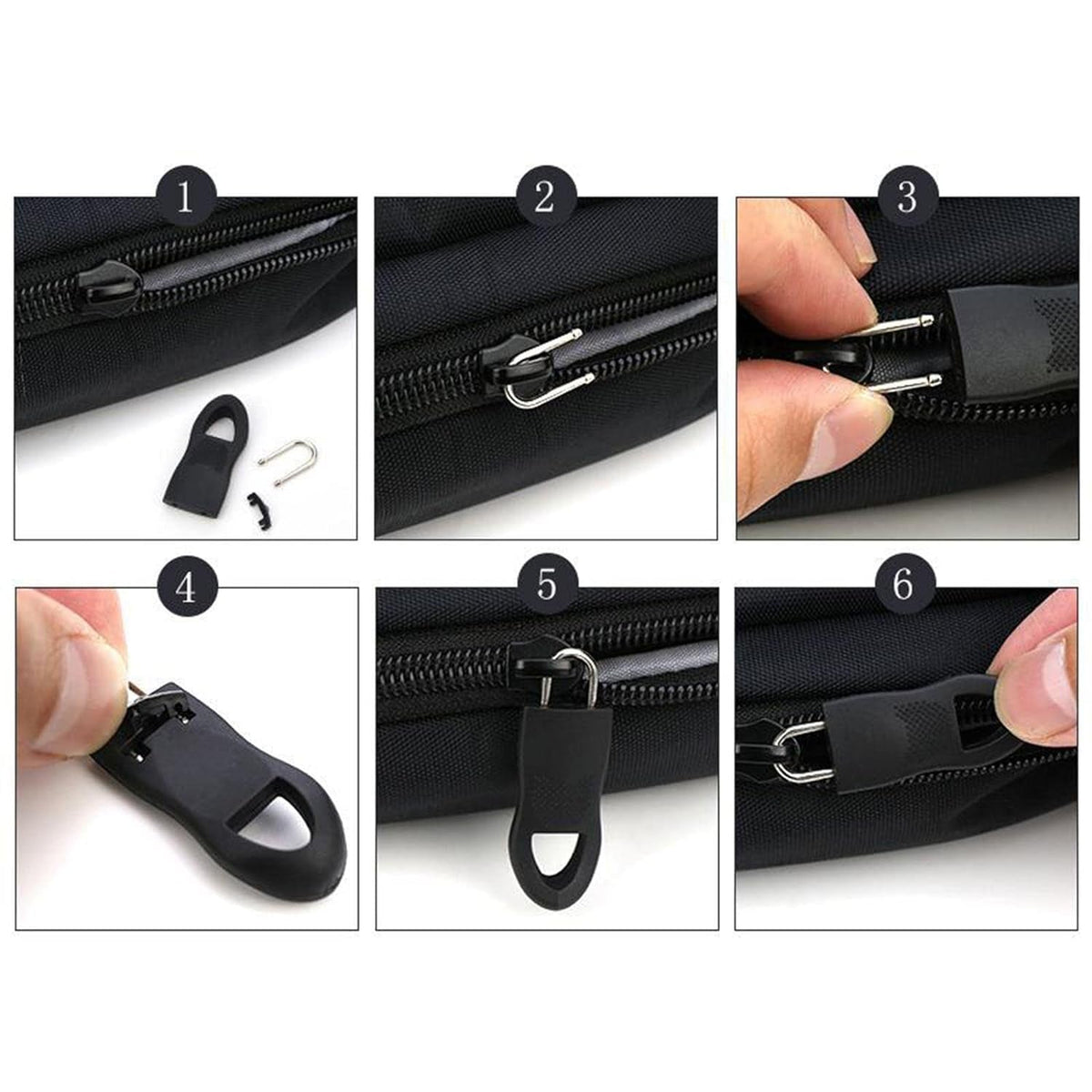Six numbered steps showing how to attach a black rubber zipper pull tab to a zipper on a black bag.