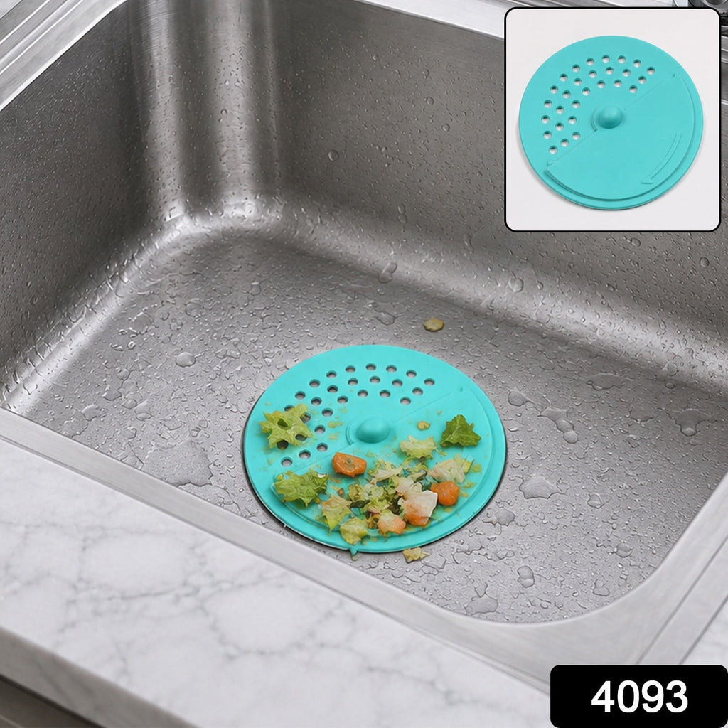 A teal silicone sink drain cover with food scraps in a stainless steel sink, with an inset showing the clean cover.