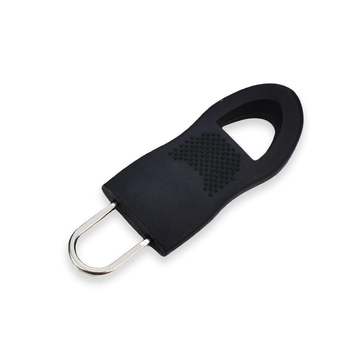 A single black rubber zipper pull tab with a silver U-shaped attachment on a plain white background.