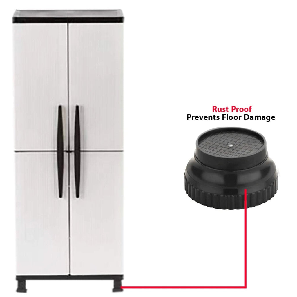 A white cabinet with black handles stands on two black support legs, with a red line connecting to a magnified leg.