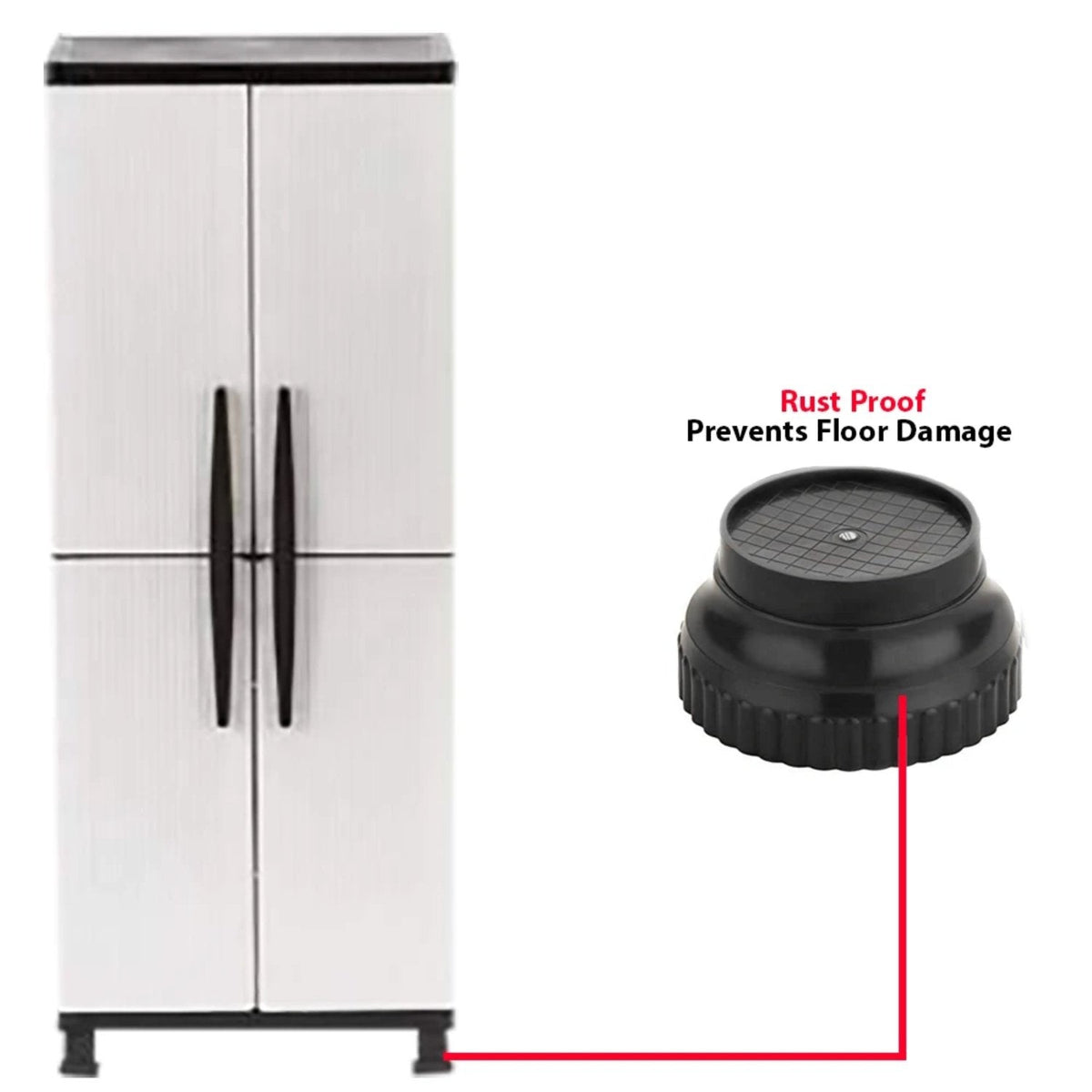 A white cabinet with black handles stands on two black support legs, with a red line connecting to a magnified leg.
