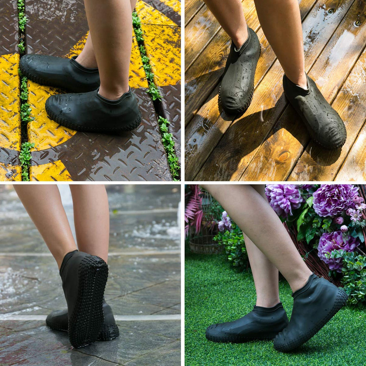 A person's legs and feet wearing black silicone covers over shoes, walking on a wet, textured yellow and gray surface.