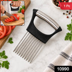 A black and silver onion holder on a white marble counter, with an inset showing it in use slicing a tomato.