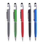 Five 3-in-1 stylus pens in grey, green, red, black, and blue, standing upright on a white background.
