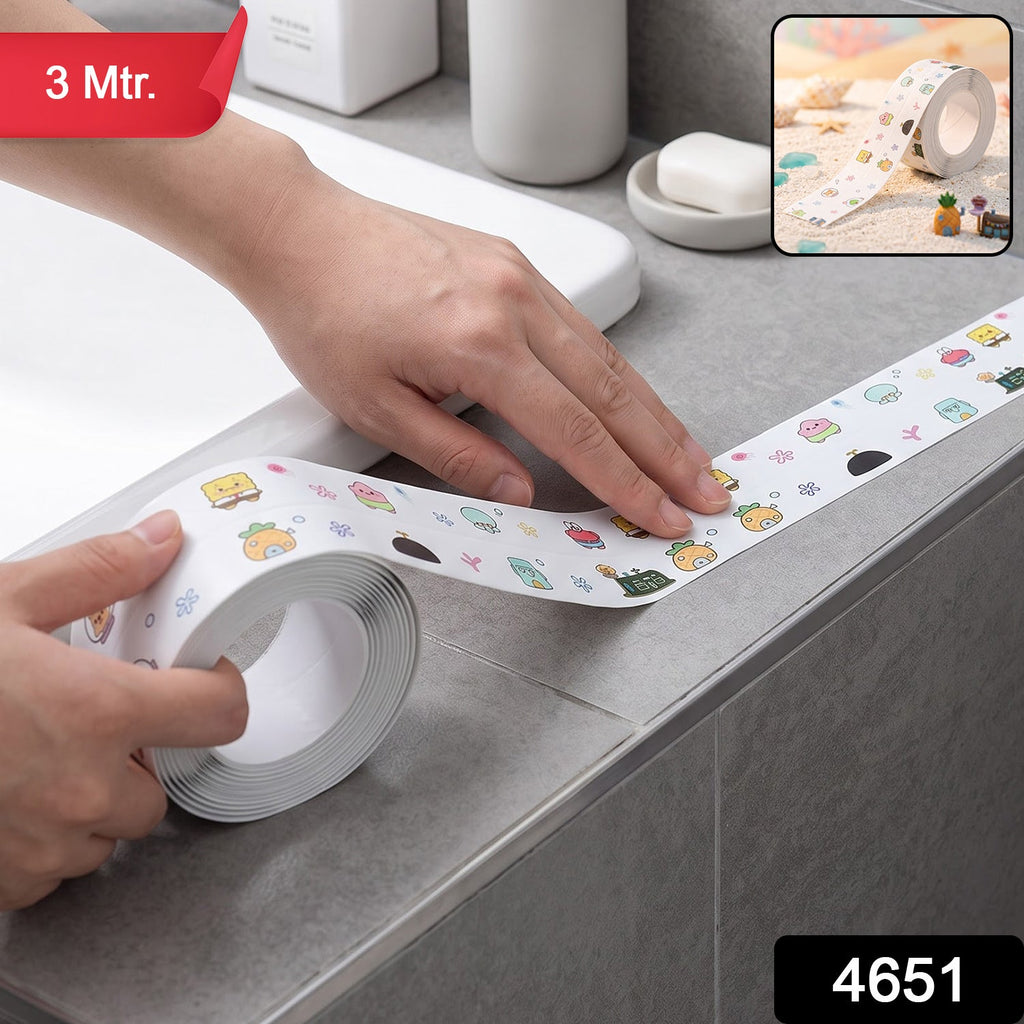 Hands applying white cartoon-printed sealing tape around a bathroom sink edge, with a red "3 Mtr." label and a black "4651"
