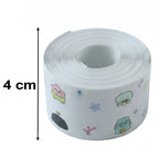 A full roll of white sealing tape with cartoon characters, showing a black arrow indicating a 4 cm height.