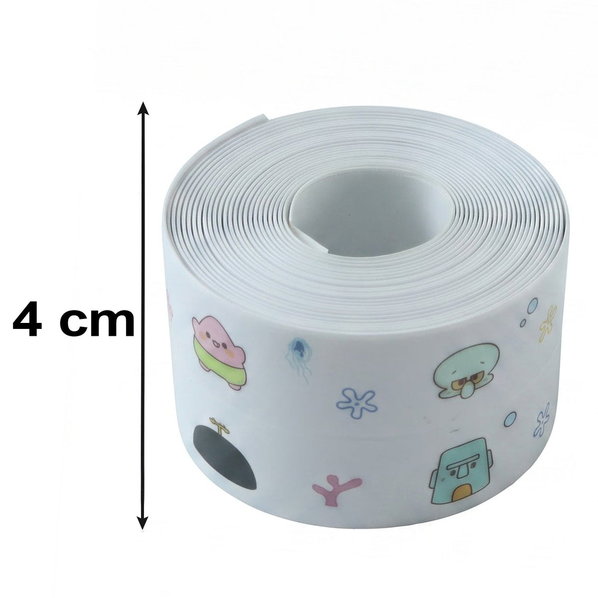 A full roll of white sealing tape with cartoon characters, showing a black arrow indicating a 4 cm height.