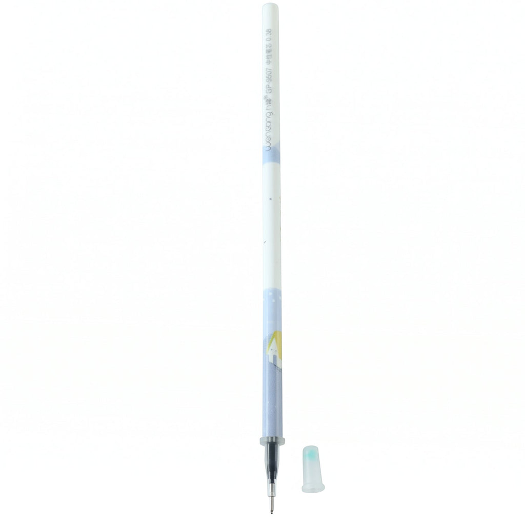 A white and blue pen refill with a light blue cap next to it, against a plain white background.