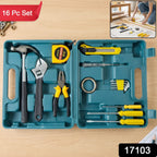 An open teal plastic toolbox with a 16 Pc Set label, showing a hammer, wrench, pliers, tape measure, and screwdrivers.
