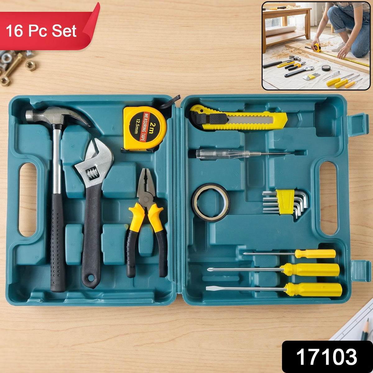An open teal plastic toolbox with a 16 Pc Set label, showing a hammer, wrench, pliers, tape measure, and screwdrivers.