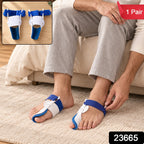 A person adjusts a blue and white toe splint on their right foot, with another splint on the left. Inset shows two splints.