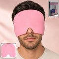 A man wearing a pink migraine relief cap over his eyes and forehead, with a product box in the top right corner
