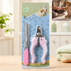Pink pet nail clipper and filer set in blister packaging with small image of dog grooming.