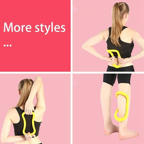 Four panels showing a woman using a yellow pilates ring for back, shoulder, and leg stretches.