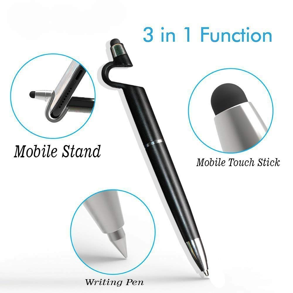 A black 3-in-1 stylus pen with text highlighting its mobile stand, mobile touch stick, and writing pen functions.