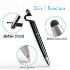 A black 3-in-1 stylus pen with text highlighting its mobile stand, mobile touch stick, and writing pen functions.
