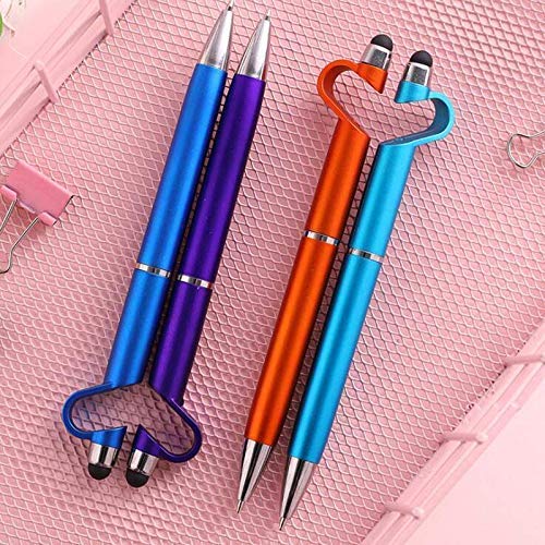 Four 3-in-1 stylus pens in blue, purple, orange, and light blue, with heart-shaped phone stands.